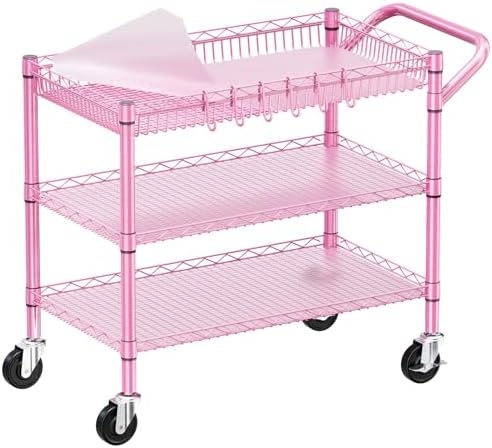 WDT Pink Rolling Utility Cart with Wheels, 990Lbs Heavy Duty Metal Cart with Handle & Shelf Liners, NSF Certified 3-Tier Storage Trolley for Esthetician, Kitchen, Salon & Craft Room, Pink by WDT