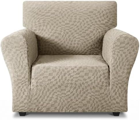 ZNSAYOTX 1 Piece Stretch Chair Cover with Arms (34"-44"), New Plaid Armchair Cover with Elastic Band for Living Room, Ultimate Soft Cozy Washable Chair Slipcover Form Fit Protector, Khaki by ZNSAYOTX