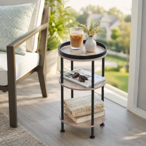 Small Round Side Table, Oak Round End Table for Living Room & Bedroom, Modern 3-Tier Nightstand with Storage Shelf, 11.8" Narrow Accent Table for Small Spaces, Nursery, Plant Stand,Natural Wood Finish - Image 5