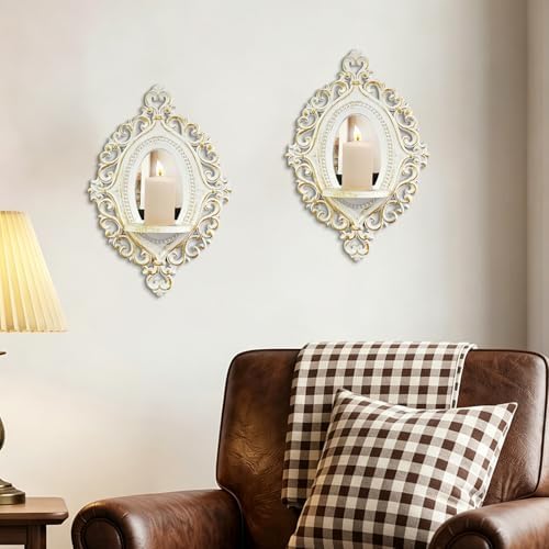 2 Set Vintage Candle Wall Sconce for Home Decor Living Room Bedroom Office Wood Antique Mirrored Victorian Mounted Candlestick Wall Holder Relief Hanging Decor -White 11.8in - Image 4