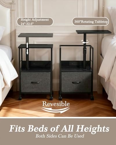 Faesun Swivel Lift Top Nightstand with Charging Station, Rolling Side Table for Recliner, Bedside Table with Wheels & a Fabric Drawer, for Small Spaces, for Bedroom, Living Room, Black Gray - Image 3