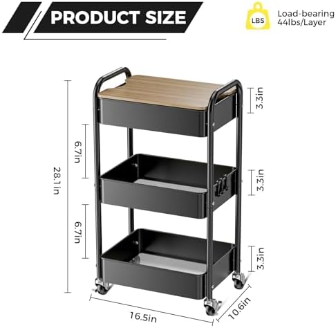 3-Tier Rolling Cart with Table Top, Metal Utility Cart on Wheels - Image 4