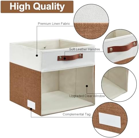 Bagnizer Storage Cubes, 4 Pack Linen Foldable Storage Bins (13 x 13 inch) with Clear Window and Handles, Fabric Organizer for Shelf Closet, Clothes, Books - (Brown and White) - Image 4