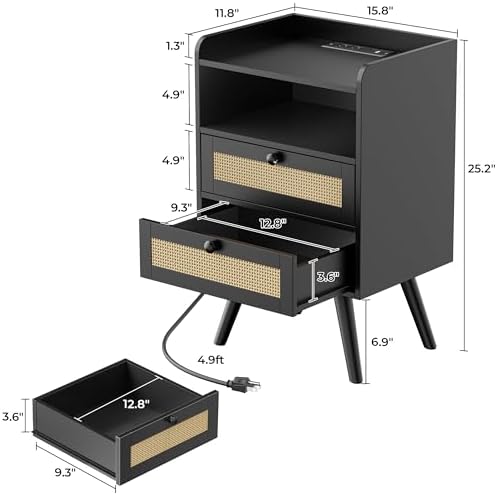 SUPERJARE Night Stand with Charger Station, Boho Rattan Nightstand Set of 2 - Image 3
