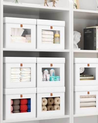 Homsorout Storage Bins with Lid – Closet Organizer with Side Opening and Clear Window, Foldable Stackable Fabric Basket for Clothes, Home, Office - 13.77" x 11.8" x 9.8", 3 Pack, White - Image 6