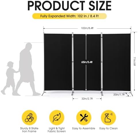 RANTILA 3 Panel Privacy Screen, 6 Ft Tall Folding Privacy Screen Room Dividers, Freestanding Room Partition Wall Dividers, 102''W x 20''D x 71''H, Black - Image 2