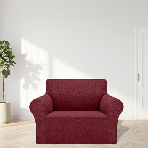 Cupuamon 2026 New Stretch Chair Sofa Slipcovers Couch Cover for 1 Seater Furniture Protector Sofa Covers with Elastic Bottom Jacquard Fabric Small Checks for Pets, Kids - Dark Red - Image 3