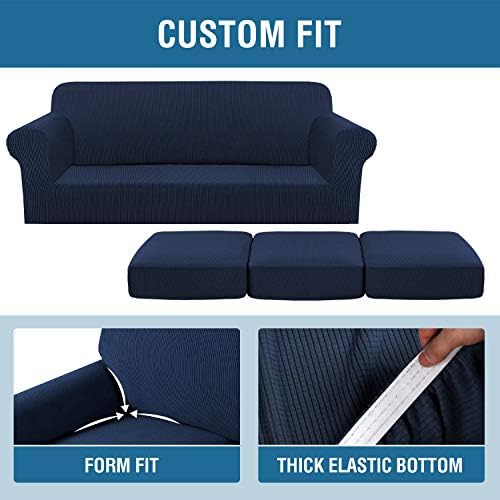 4 Piece Stretch Sofa Covers for 3 Cushion Couch Covers Furniture Slipcovers for Living Room (1 Base Cover Plus 3 Seat Cushion Covers) Thicker Jacquard Fabric Cover (XL Sofa, Navy) - Image 4