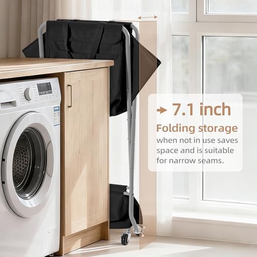 STORAGE MANIAC Collapsible Laundry Cart with Wheels 35.6"H Removable Canvas Bag Rolling Laundry Hamper Clothes Basket with Wheels, Sturdy Steel Frame Folding for Small Narrow Space Easy Storage, Black - Image 6