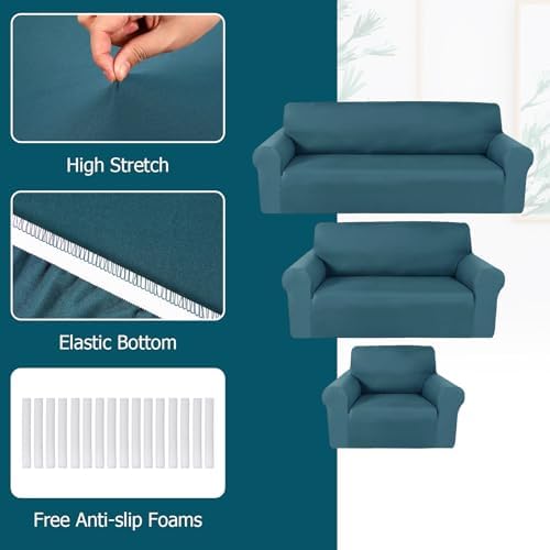 Peryiter 3 Pcs Couch and Loveseat Sofa Covers,Peacock Blue,Milk Silk - Image 4