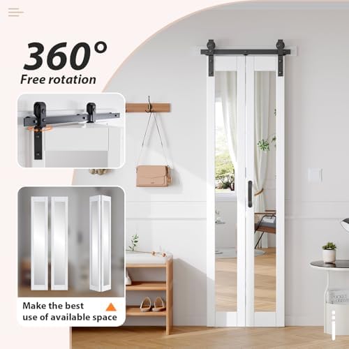 FREDBECK Bifold Barn Doors 24x84 (Double 12x84) with 1 Lites Mirror,White - Image 3