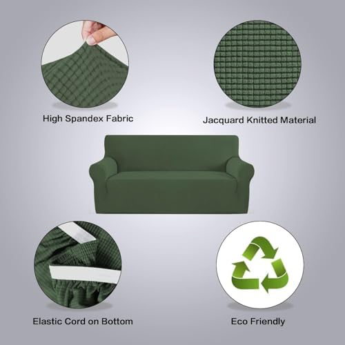 H.VERSAILTEX Stretch Couch Covers for Sofa 1 Piece Slipcovers for Couches 3 Seater Couch Cover Feature Thick Checked Jacquard Fabric with Elastic Bottom(Large Sofa 90"-100" Wide, Bronze Green) - Image 4