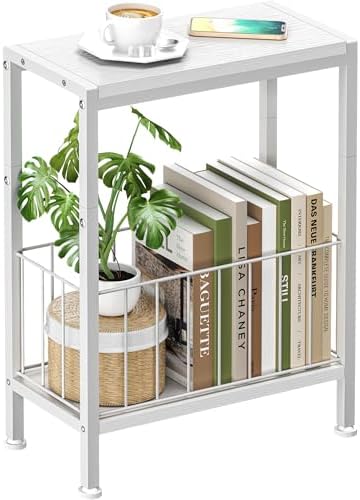 Narrow Side Table, Skinny End Tables with Magazine Holder, Small Sofa Table for Small Spaces, Space-Saving Design, Slim Nightstand Bedside Table for Living Room, Bedroom, Office, White by Lifenite
