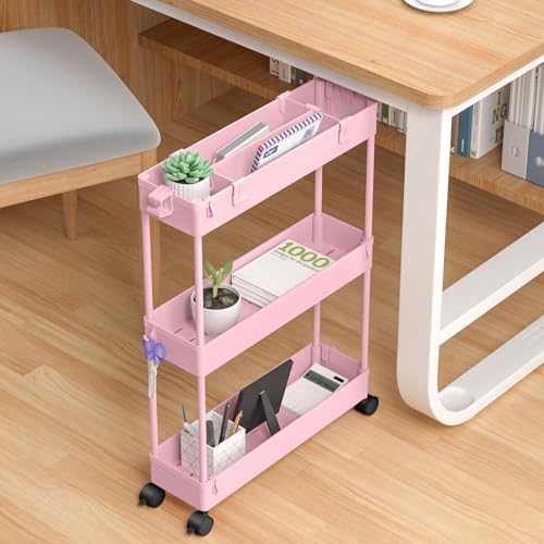 SPACELEAD Slim Storage Cart 3 Tier,Bathroom Organizer Rolling Utility,Mobile Shelving Unit Slide Out for Office, Kitchen, Laundry Room & Narrow Places,Pink - Image 5