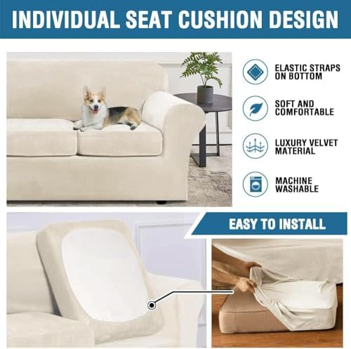 H.VERSAILTEX High Stretch Sofa Slipcover 4 Piece Cover Velvet Furniture Protector Form Fit Thick Velvet Extra Large Sofa Cover for 3 Cushion Couch Width Up to 97 Inch (Large Sofa, Ivory) - Image 6