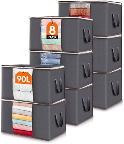 Lifewit 8 Pack 90L Clothes Storage Bins with Lids, Foldable Blanket Storage Bags with Zippers, Clear Window and Reinforced Handles, Closet and Organization for Clothing, Sweater, Comforter, Bedding by Lifewit