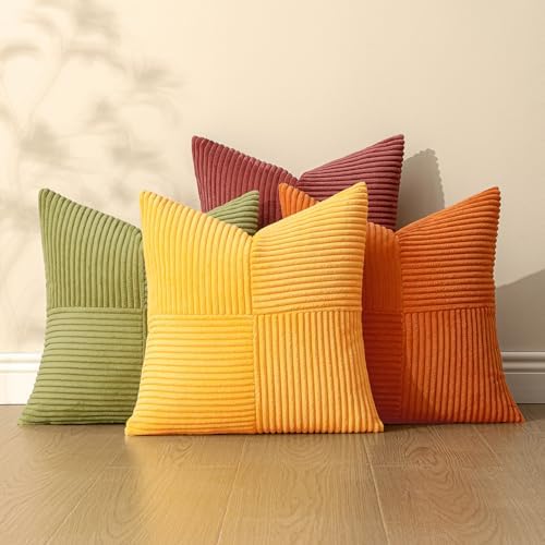 MIULEE Fall Yellow Orange Rust Throw Pillow Covers 18x18 Inch 4 Packs Boho Farmhouse Decorative Color-Clash Pillow Cases Soft Cushion Cases for Couch Sofa Bed Corduroy Striped Home Decor - Image 5