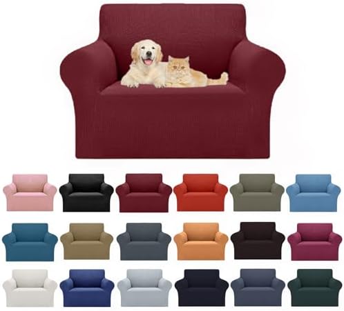Cupuamon 2026 New Stretch Chair Sofa Slipcovers Couch Cover for 1 Seater Furniture Protector Sofa Covers with Elastic Bottom Jacquard Fabric Small Checks for Pets, Kids - Dark Red by Cupuamon