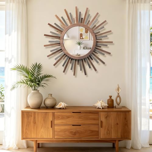 24 Inch Boho Sunburst Mirror, Decorative Rustic Farmhouse Wall Decor for Living Room, Bedroom, Bathroom, Hallway - Tricolor Wood Frame - Image 2