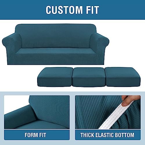 H.VERSAILTEX 4 Piece Stretch Sofa Covers for 3 Cushion Couch Covers for Living Room Furniture Slipcovers (Base Cover Plus 3 Seat Cushion Covers) Upgraded Thicker Jacquard Fabric (Sofa, Deep Teal) - Image 4