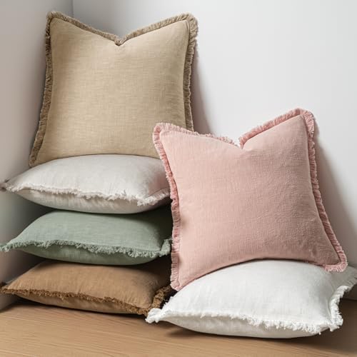 MIULEE Boho Linen Fringe Decorative Throw Pillow Covers Pink 20x20 - Image 7