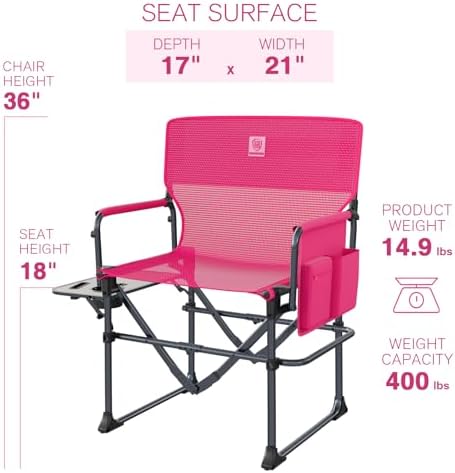 EVER ADVANCED Camping Directors' Chair with Side Table, Portable Folding with Compact Size, Breathable & Quick Dry Design Heavy Duty Lawn Chair with Pocket, 400lbs, Textilene Mesh, Pink - Image 3