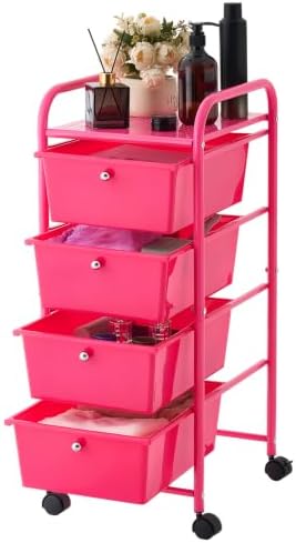 VEVOR Rolling Cart with Drawers, 4 Drawer Storage Organizer, Mobile Utility Cart with Steel Frame, Universal Casters & 2 Brakes, for Office, Classroom, Craft Tools, Garage, Cleaning Supplies, Rose Red by VEVOR