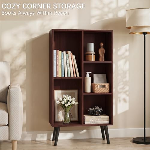 YAHARBO Small Walnut Narrow Bookshelf,5 Tier Modern Bookcase with Legs,Bookshelves Wood Storage Shelf,Rustic Book Shelves Cube Organizer,Display Bookcase - Image 5