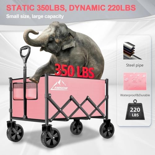 AMNOW 100L Collapsible Wagon Cart with All Terrain Wheels, 350LBS, Pink - Image 2