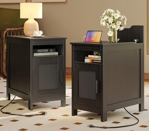 Huuger Narrow Night Stand Set of 2, End Table with Charging Station, USB-C Port, Rattan Side Table with Cabinet and Open Shelf, Synthetic Rattan, for Small Spaces, Bedroom, Black by Huuger