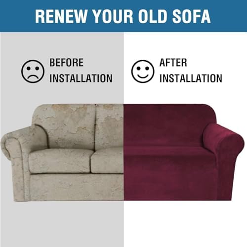 H.VERSAILTEX Stretch Velvet Sofa Covers for 3 Cushion Couch Covers Furniture Protector Soft with Non Slip Elastic Bottom, Crafted from Thick Comfy Rich Velour (Large Sofa 90"-97", Burgundy) - Image 5
