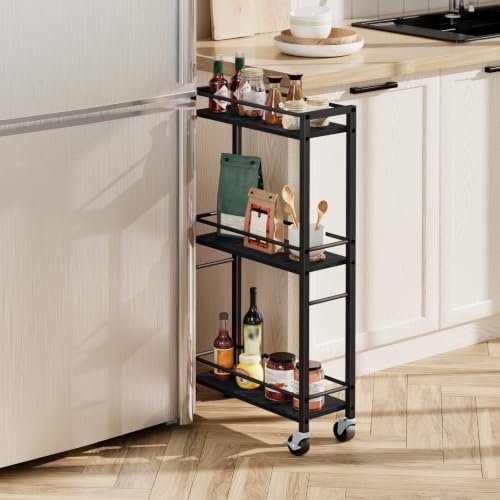 MAHANCRIS Slim Rolling Cart, Mobile Kitchen Cart on Wheels, Narrow Storage Cart for Small Space, Small Bar Cart, for Bathroom, Laundry, Living Room, Black RCHB1501 by MAHANCRIS