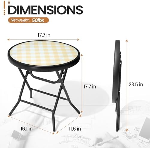 Foldable Side Table with Tempered Glass Top, Yellow - Image 2