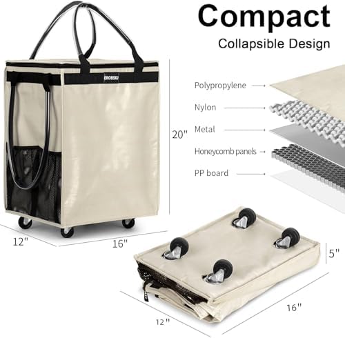 (Medium,Beige) Reusable Grocery Bag on Wheels, Foldable Rolling Tote, Carries Up to 66 lbs Shopping Trolley, Zipper Clouser Shopping Carts for Trips, Laundry, 4 Heavy Duty Wheels and 3 Handles - Image 3