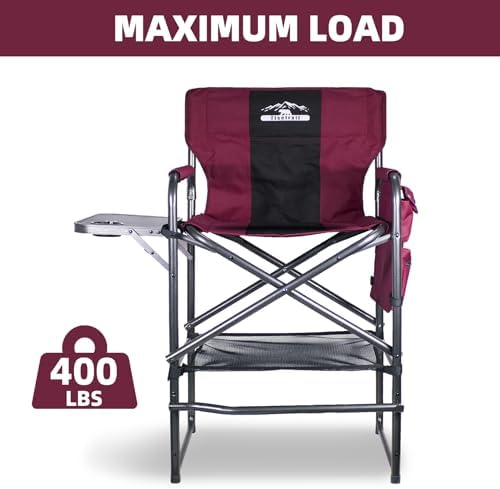 Tall Directors Chair 30" Seat Height, Bar Height Folding Chair with Side Table, Foldable Camping Chair with Side Pocket for Makeup Artist, Sports Event, Supports 400LBS - Wine Red/Black - Image 4
