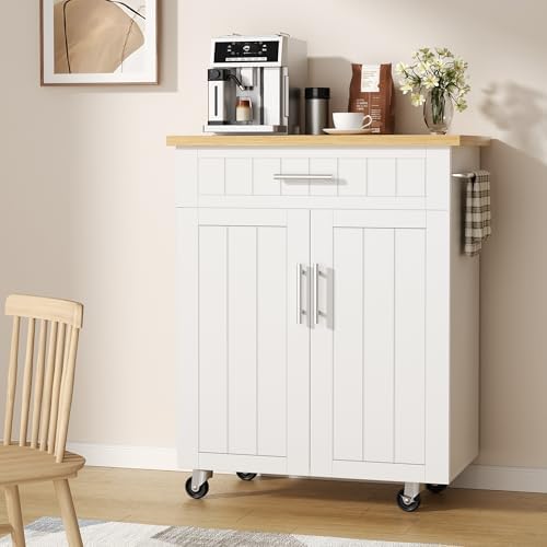 Shintenchi Kitchen Island cart with Storage, Portable Bar Cabinet on Wheels, Rolling Microwave Cart Side Table with Workstation for Kitchen, Dinning Room, White - Image 2