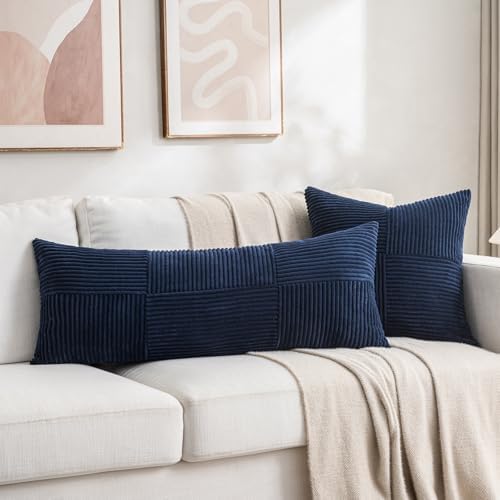 Fancy Homi 2 Packs Navy Blue Decorative Throw Pillow Covers 22x22 Inch for Living Room Couch Bed Sofa, Rustic Farmhouse Boho Home Decor, Soft Corss Corduroy Patchwork Accent Cushion Case 55x55 cm - Image 6