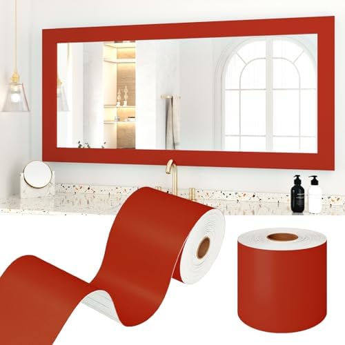 WESTICK Self Adhesive Red Mirror Frame Border Peel and Stick Bathroom Wallpaper Borders Waterproof Removable Red Mirror Tape Border for Kitchen Classroom Bedroom Office Bulletin Board Decor 394"x3.9" by WESTICK