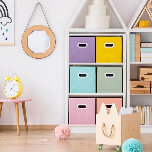 Stero Fabric Storage Cubes Bins, 13 inch Fun Colored Foldable Storage Baskets with Dual Plastic Handle for Home, Kids Room, Closet and Toys Organization, Multi Colored, Set of 6 - Image 4