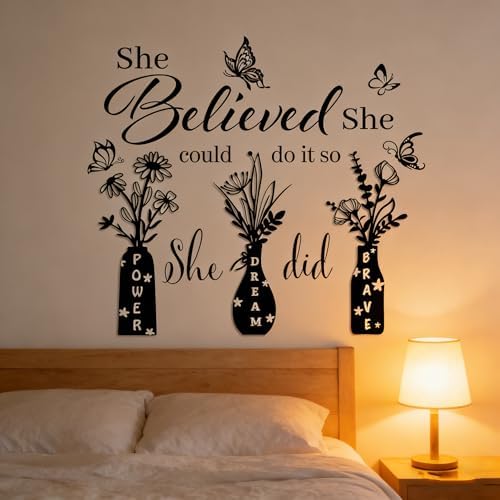 Inspirational Wall Stickers for Women - She Believed She Could Motivational Quote Decal with 3 Floral Vases & Butterflies, Removable Vinyl Decor for Bedroom, Home Office Decor - Image 6