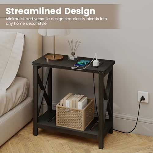 Hadulcet Farmhouse Side Table with Charging Station - Narrow Bedside Table for Small Space, Slim End Table, Rustic X-Design Nightstand for Living Room, Bedroom, Classic Black - Image 7