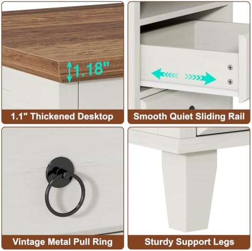 Yusong LED Night Stand with Gun Drawer, Bedside Table with Charging Station, Sofa Couch End Side Table with 2 Drawers ＆Open Shelf for Bedroom, White - Image 7