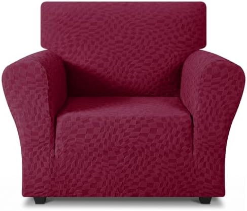 ZNSAYOTX 1 Piece Stretch Chair Cover with Arms (34"-44"), New Plaid Armchair Cover with Elastic Band for Living Room, Ultimate Soft Cozy Washable Chair Slipcover Form Fit Protector, Wine Red by ZNSAYOTX