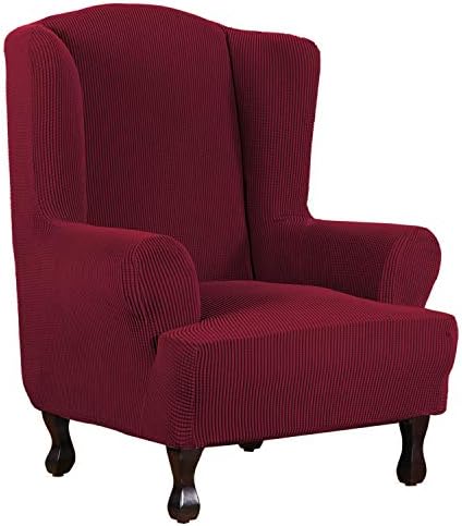 H.VERSAILTEX Wing Chair Slipcover Chair Covers for Wingback Chairs Wingback Chair Covers Slipcovers 1 Piece Stretch Sofa Cover Furniture Protector Soft Spandex Jacquard Checked Pattern, Burgundy Red by HVERSAILTEX