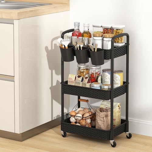 MOYIPIN 3-Tier Plastic Rolling Utility Cart with Handle,Utility Storage Cart for Office, Living Room, Kitchen,Movable Storage Organizer Shelves,Black with 3 Hanging Cups - Image 5