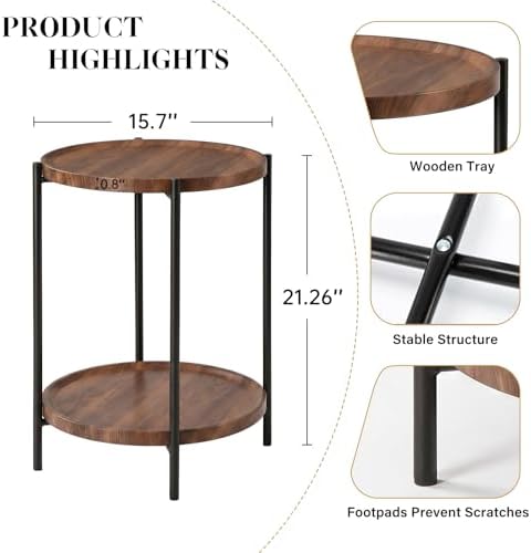 TeoKJ 2 Tier Small Side Table, Folding Round Metal End Table with Two Removable Wooden Tray, No Assembly Nightstand for Bedroom Living Room Bedside Round Bedside Table for Small Spaces, Walnut - Image 3
