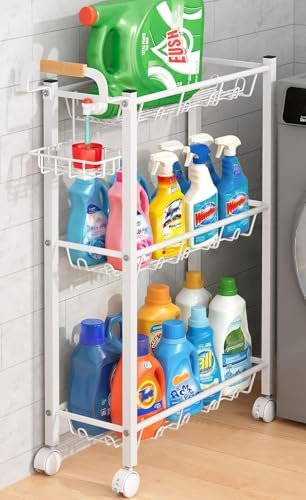 AOODA Laundry Room Cart with Top Detergent Holder, Metal Rolling Storage Cart Between Washer and Dryer, 3 Tier Narrow Laundry Room Organization and Storage with Wheels (White) by AOODA