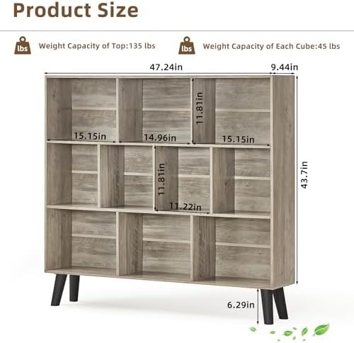 LEYAOYAO 10 Cube Bookshelf,Mid-Century Modern Bookcase with Legs,Retro Grey - Image 2