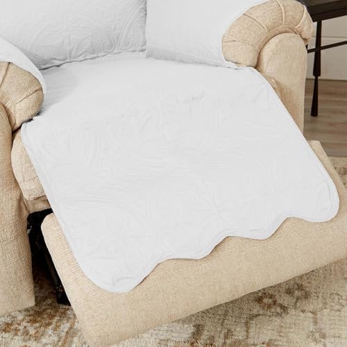 Great Bay Home Reversible Recliner Cover - Washable Slipcover Furniture Protector with Elastic Straps - Perfect for Kids & Pets - Quilted & Stitched Detail (White/Sand) - Image 6