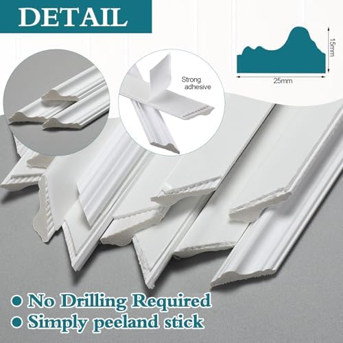 Colingmill 3 Sets Pre-Cut Wall Peel and Stick Trim Molding Wall Wainscoting Panels 3D Self Adhesive Baseboard Molding Trim for Interior Decoration Living Room Bedroom Accent (12 x 24 x 0.98 in,White) - Image 3